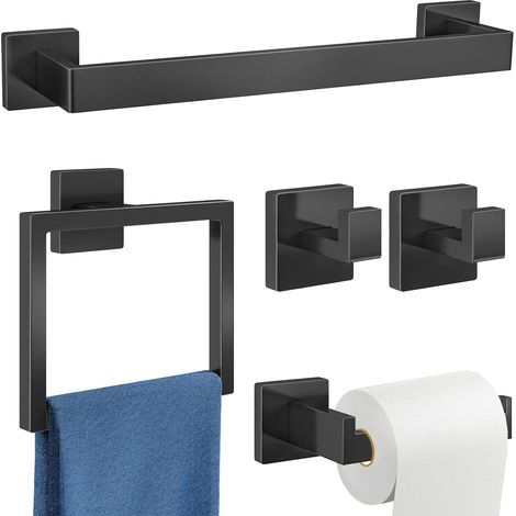 Ensemble de 5 accessoires de salle de bain, porte-serviettes mural en acier inoxydable, noir mat, longueur 40,64 cm (1/5)