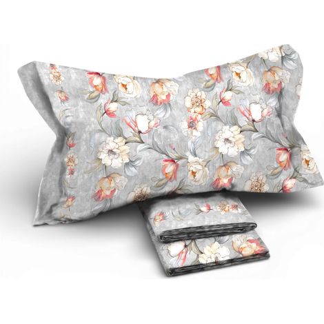 Completo Lenzuola Matrimoniale MAXI Fior di Perla Grigio 100% Cotone – Fantasia Floreale, Sotto con Angoli