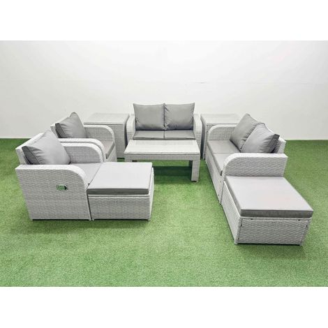 Fimous 8 Seater Outdoor Reclining Chair Love Sofa Set Rattan Garden Furniture Set with Oblong Coffee Table 2 Big FootStools 2 Side Table Light Grey (1/4)