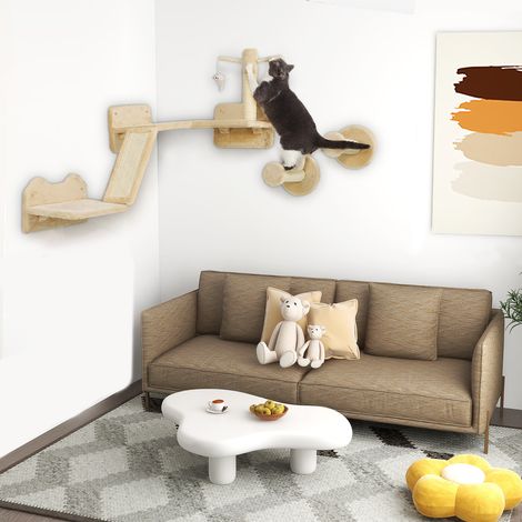 Mur d’escalade pour chats avec griffoirs, pour grimper et se reposer, plateformes de saut et balles de jeu, beige