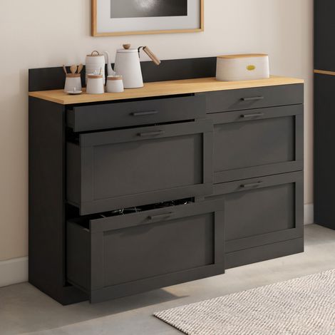 Mueble bajo de cocina con dos cajones para ollas, 120 cm, modelo VITO, encimera de 83 cm de altura, 6 cajones en madera y negro (1/5)