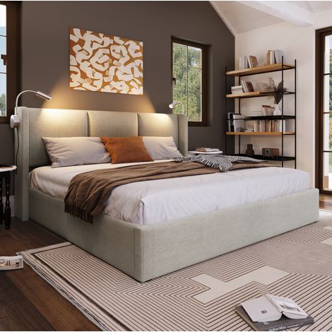 Letto contenitore in tessuto di lino beige 140x200 cm con rete a doghe, luce da lettura e USB integrata (1/5)