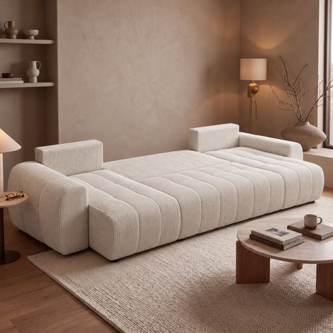 ALYA XL Canapé panoramique convertible avec coffre en velours côtelé beige (1/5)