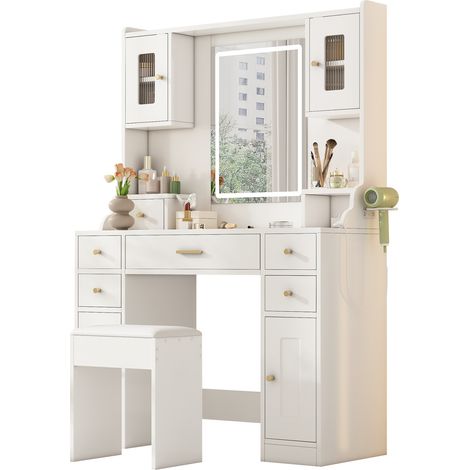 Coiffeuse spacieuse avec éclairage LED réglable et prises intégrées, table de maquillage avec miroir, 6 tiroirs et 4 portes pour chambre, blanc, dimensions 105×152×40 cm (L×H×P) (1/5)