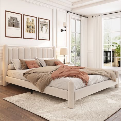 Cama doble tapizada 160x200 de terciopelo beige OKMYHOME (1/5)