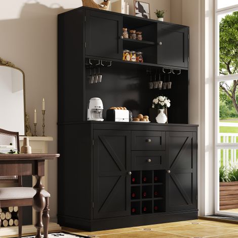 Buffet haut de cuisine noir 120x40x188cm MDF 4 portes style grange 2 tiroirs casier à vin 9 bouteilles barre à verres à vin étagères modulables système anti-bascule charge 60kg cuisine salon salle à m (1/5)