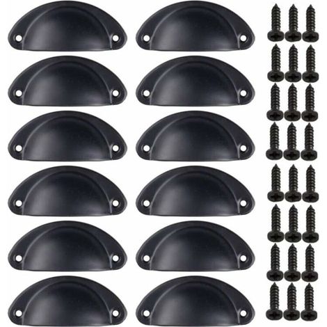 Poignée de coquille vintage pour tiroir et armoire – Lot de 12 – Dimensions 81x35mm – Entraxe 65mm – Finition métal noir (1/5)