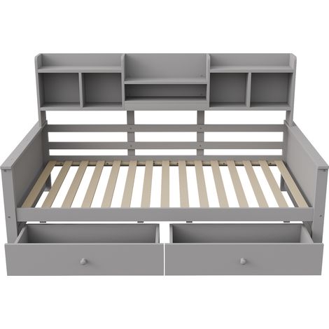 Canapé-lit 90x200 et lit enfant avec tiroirs et étagères, lit simple en bois massif gris, sommier à lattes inclus pour chambre. (1/5)