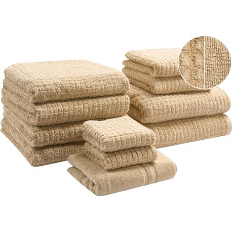 Conjunto de 11 toallas de baño de algodón suave de torsión baja con alfombrilla de baño beige arena Atai