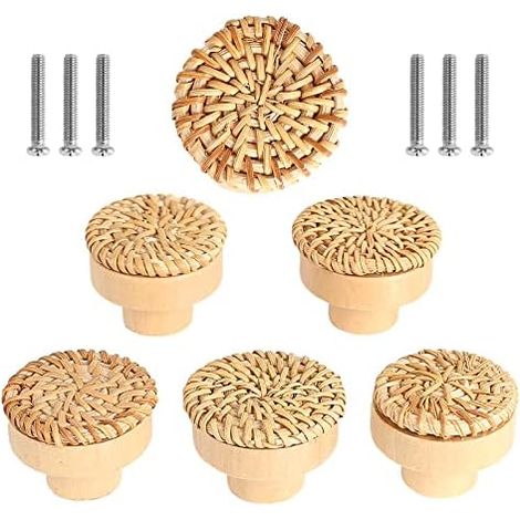 6er-Set Rattan-Möbelknöpfe, Schubladenknöpfe, Türknöpfe im Bohemian-Stil, runder Schubladengriff aus Holz für Kommoden, Kleiderschränke, Küchenschränke (1/5)