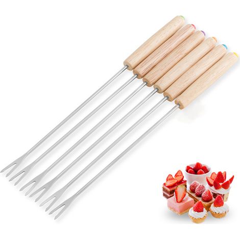 Lot de 6 fourchettes à fondue multifonctions en acier inoxydable avec manche en bois, idéales pour fondue aux fruits, au fromage et au chocolat. (1/5)