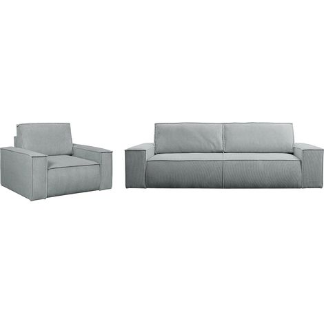 Canapé 4 places convertible et fauteuil en velours côtelé gris clair AMELIA (1/5)