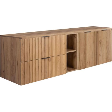 Set da bagno: mobile con cassetti, mobile con ante e ripiano 57×46×180 cm, colore: Rovere Craft, maniglia nera (1/5)