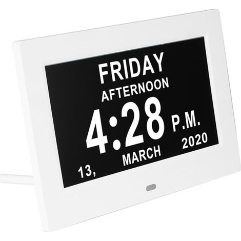 Horloge numérique 7 pouces– pour personnes âgées – calendrier jour mois date – rétroéclairage auto – 8 langues – facile à brancher – Blanc (1/5)
