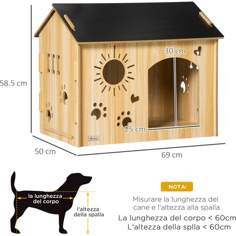 Niche pour chien d'intérieur avec cadre en bois et ouvertures en forme d'empreintes de pattes, de cœur et d'os, en chêne. (1/5)