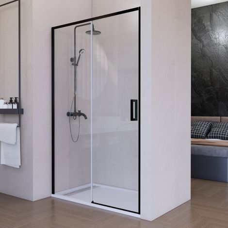 Mampara de ducha frontal corredera 110 cm 1 puerta + 1 fijo Negro mate Cristal transparente 6 mm 195 cm altura (1/5)
