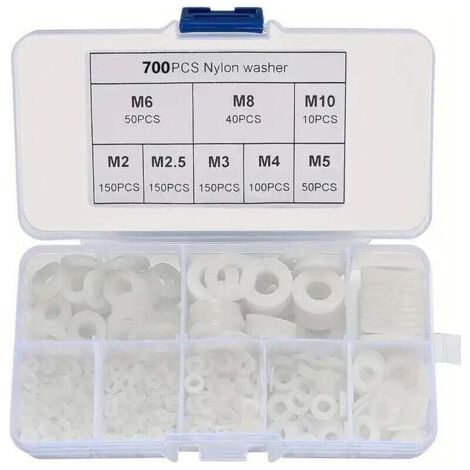 700 Pieces White Nylon Plastic Washers, XU, Insulation Round Flat Washer Assortment Kit, M2 M2.5 M3 M4 M5 M6 M8 M10 Washer for Mechanics - (1/4)