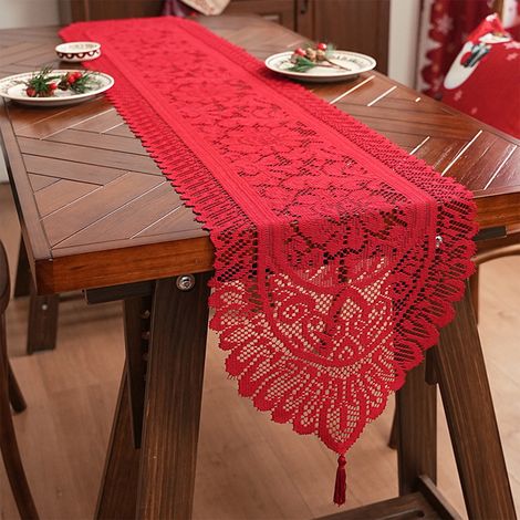 Napperon De Table De Noël - Dentelle Au Crochet - Rouge Vert Blanc - 183 X 33 Cm - Pour Table À Manger Café Fête (1/5)