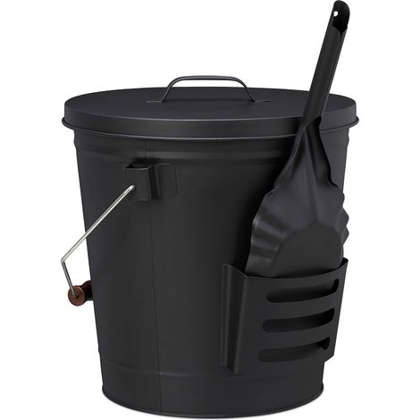 Seau à Cendres, avec Couvercle et Pelle, Acier, bac à Charbon avec Anse, 19 l, cheminée & Barbecue, Noir (1/5)