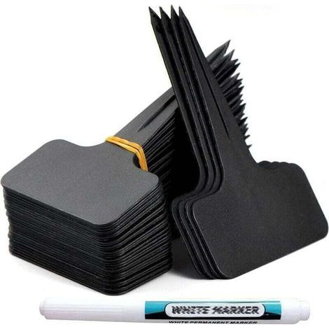 100 Pieces Outdoor Garden Labels T-Type Plastic Plant Markers Vegetable Garden Labels with Waterproof Pen Reusable Labeling and Plant Accessories (Black) (1/4)