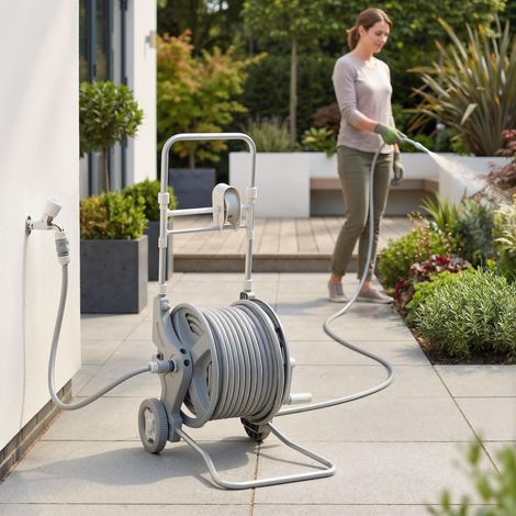 Moulinet 45 m chariot tuyau 2 motifs pulvérisation Adaptateur robinet 2 roues - Dimensions: 45x44x78 cm - Couleur: Gris (1/4)