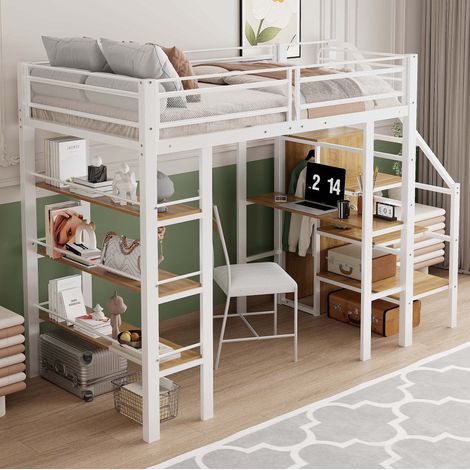 DESVIAE Lit mezzanine 90 x 200 cm avec bureau étagère de rangement à trois niveaux armoire escalier de sécurité réversible garde corps haut métal blanc (1/5)