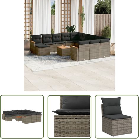 The Living Store Salon de jardin avec coussins 13 pcs gris résine tressée - Ensemble Salon De Jardin - Mobilier De Jardin - Canapé Extérieur - Chaise Extérieure - Table Basse Jardin (1/5)