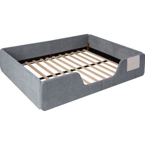 Lit rembourré enfant 140 x 190 cm en velours gris avec barrières amovibles et poche de rangement (1/5)
