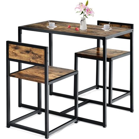 GOPLUS Ensemble de Table et Chaises Compacte et Antiderapante avec Cadre en Metal, Table avec 2 Chaises Robuste et Pratique, Style Retro pour Salle a Manger, Terrasse, Restaurant (Couleur Antique)