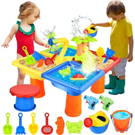 Table à Eau de Sable 4 en 1, Table de Plage pour Enfants, Jeu Sable Eau avec Pelle et Râteau, Nombreux Accessoires (1/5)