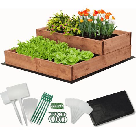 MODO24 Carré potager surélevé en bois, 2 niveaux en cascade, 18x60x63 cm, jardin/terrasse, kit jardinier inclus, brun imprégné