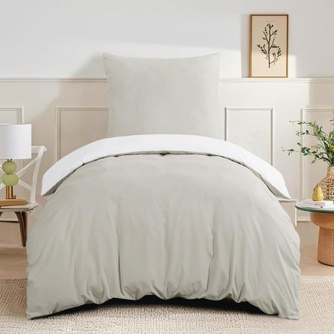 Bettwäsche-Set 140x200 cm 2-teilig Mikrofaser Beige/Weiß mit Reißverschluss