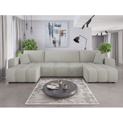 Wohnlandschaft mit Schlaffunktion DAGNY Sofa U-Form in Stoff Poso Hellgrau