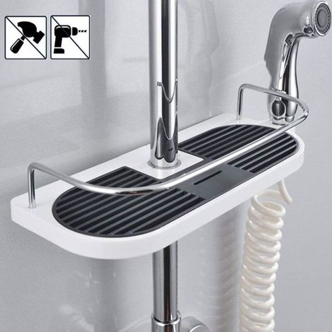 Étagère de douche télescopique, étagère de douche réglable en alliage d\'aluminium avec 2 crochets pour serviettes, installation san (1/4)