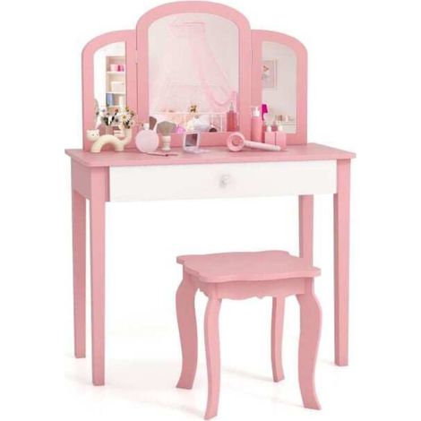 Ensemble coiffeuse enfant avec tabouret, miroir triptyque et tiroir, table de maquillage 2 en 1 rose (1/5)