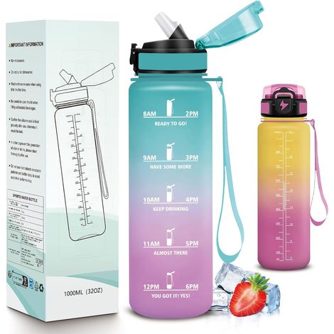 Gourde Sport 1 Litre - 1 Pièce - Plastique Alimentaire - Paille et Verrou Sécurité - Gym Vélo Extérieur - Graduée Temps (1/5)