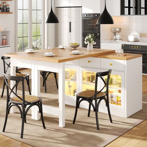 Isola cucina estensibile con LED RGB 120-200 cm, 3 cassetti e ante vetro, MDF bianco, OKWISH (1/5)
