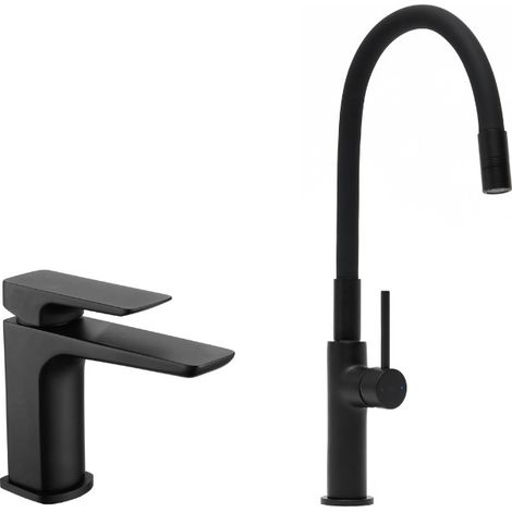 Set miscelatore lavabo senza scarico + miscelatore cucina, bocca flessibile, aeratore Neoperl®, nero opaco (SATBSBDR271CM)