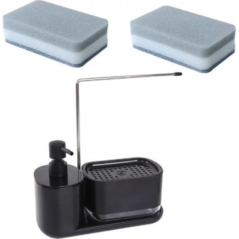 Noir, distributeur de savon à vaisselle, distributeur de savon de cuisine avec porte éponge et porte torchon, distributeur de savon de cuisine pour l'organisation de l'évier de cuisine, livré avec (1/5)