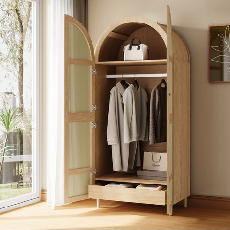 Kleiderschrank (80x50x179 cm), mit Kleiderstange und Ablagefächern, Schublade, Rattantür, MDF und Spanplatte, Natur (1/5)