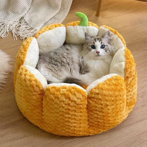 Panier pour chat en forme de citrouille d'Halloween : 42 x 19 cm. Panier mignon et moelleux avec coussin amovible et lavable, idéal pour les chats d'intérieur et les petits chiens. (1/5)