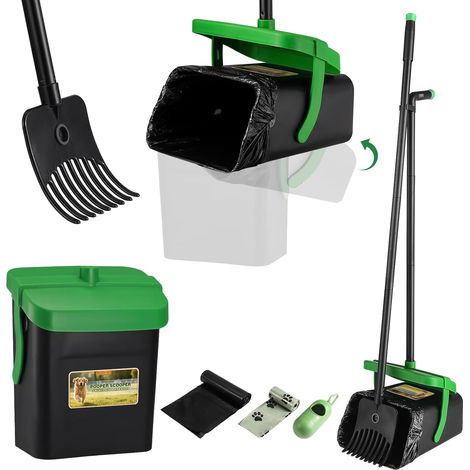 Pelle Ramasse Crottes pour Chiens, Pelle à Déjections Canines et Râteau, Pelle a Crotte Portable Kit de Ramasse Crotte et Râteau avec 35 Sacs à Déchets 117cm Poignée Longue Réglable (Vert) (1/5)