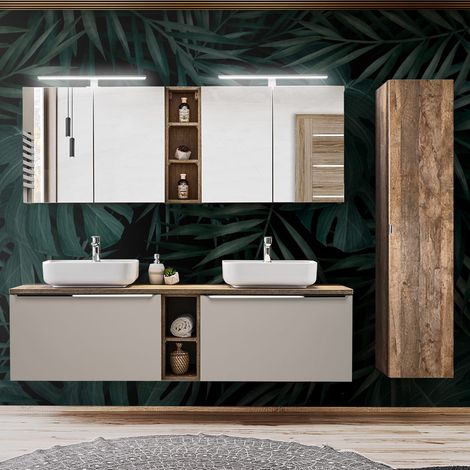 Badmöbel Set in taupe mit Vintage Eiche PUEBLA-56-TAUPE Doppel-Waschtisch mit 2 Keramik-Waschbecken, 2 LED-Spiegelschränke & 1 Hochschrank, B/H/T 225/200/46 cm (1/5)