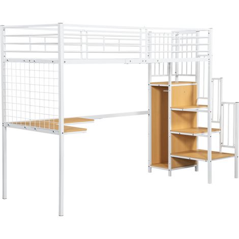 Letto a soppalco in ferro 90 x 200 cm con scrivania e armadio, bianco e naturale (1/5)