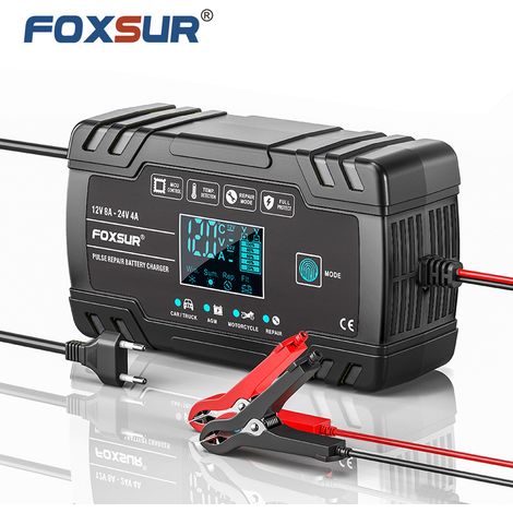 Chargeur FOXSUR noir de style industriel 12 V / 24 V AGM 8 A pour batteries de moto et de voiture (1/5)
