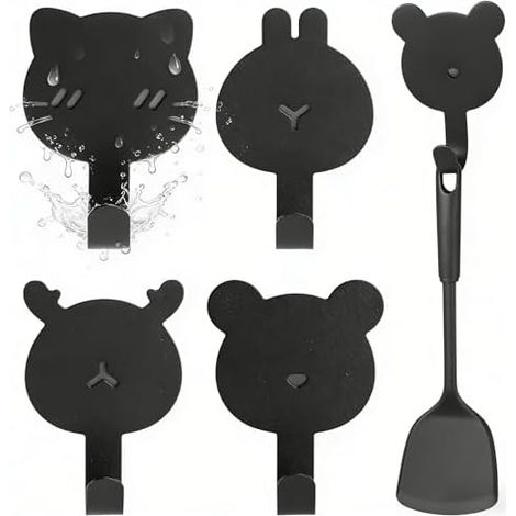 Set mit 4 magnetischen Tierhaken, starker Magnethaken aus Metall und Gummi, kein Bohren erforderlich, schwarz für Küche, Bad, Schlafzimmer, schwarz - (1/5)