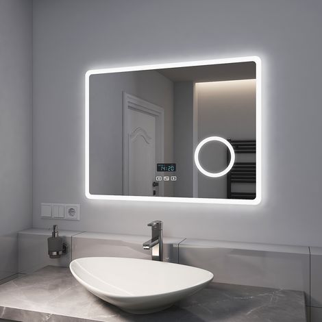 EMKE Specchio Bagno con Luce 80 x 60 cm, con Interruttore Tattile e Bluetooth e Antiappannamento e Orologio e 3 Volte Lente D'ingrandimento, Luce Dimmerabile e Variabile
