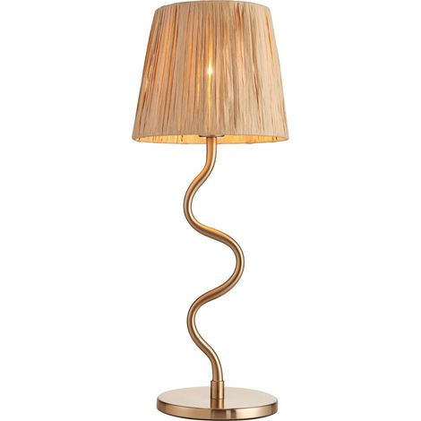 Endon Wriggle Lampe de table avec abat-jour rond conique, plaque en laiton vieilli brossé, raphia naturel, 1x E14 (1/5)
