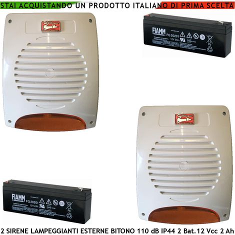 Sirene Lampeggianti a Led Esterne 2 Pezzi Tromba Magnetodinamica Melodia Bitono 110 dB Alimentazione 12 V Assorb. 1,9 Ah Frequenza A/B 1724/2475 Hz 2 Batterie 12 V 2 Ah Comando Allarme Caduta Polarità (1/2)