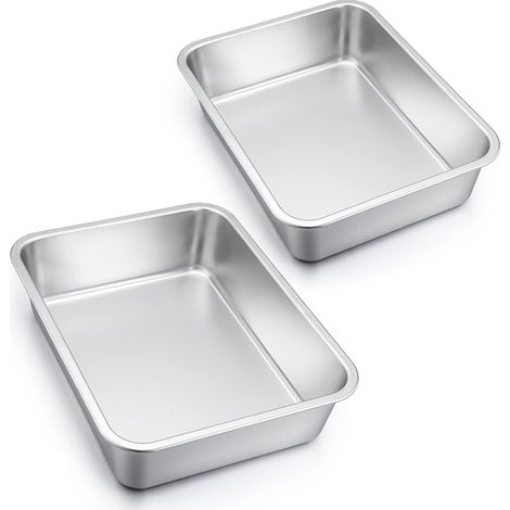 Lot de 2 plats à four rectangulaires en acier inoxydable 32,5 x 25,5 x 8 cm Grand moule à gâteau Tiramisu - 8 cm - Pour lasagne, maas, brownie, résistant et passe au lave-vaisselle (1/5)